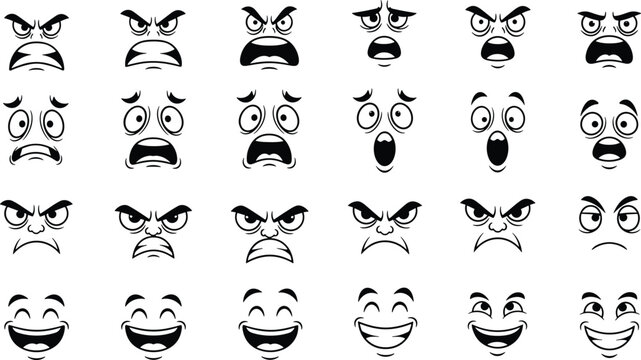 Cartoon facial expressions grid, stylized emotion faces, character design artwork, expressive illustration set, happy sad angry surprised graphics, animation emotion study