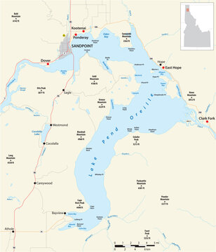 Map of Lake Pend Oreille, Idaho, USA