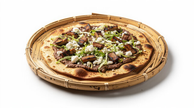 Tlayuda Mexican Pizza on Bamboo Plate 30 Degree Angle Isolated on White Background Studio Image