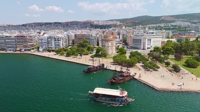 Aerial view of the White Tower of Thessaloniki and Pirate Ships, Greece