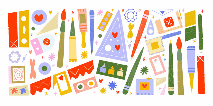 Colorful painting tools and shapes flat vector illustration