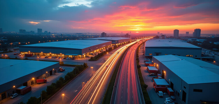 Modern warehouses, highway traffic at vibrant sunset, representing fast logistics, connected global supply chain operations. City lights twinkle in background. Busy transport routes signify efficient