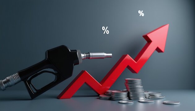 Gasoline pump nozzle next to rising red arrow graph and coins. Illustrates fuel price hikes, economic inflation, and rising cost of energy. Shows increasing gas prices and financial impact.