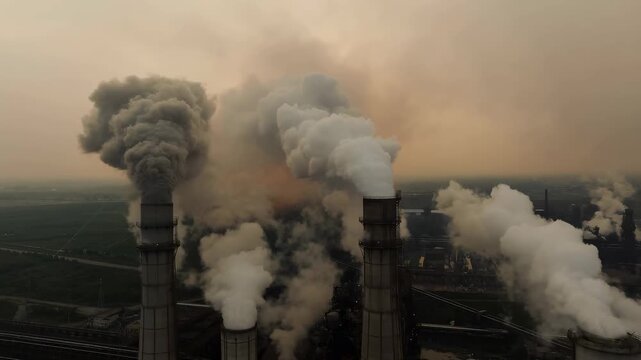 Industrial smokestacks releasing thick smoke into the atmosphere. Represents environmental concerns and industrial pollution impact on air quality