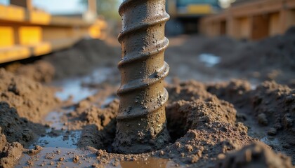 Obraz premium Screw pile being drilled into wet soil for foundation. Heavy equipment operates on construction site. Earthwork process for building support.
