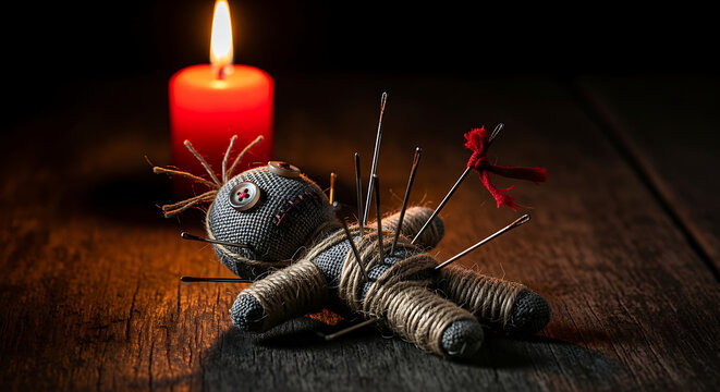 Mysterious voodoo doll ritual with flickering candlelight on an old wooden surface, symbolizing dark magic and ancient practices