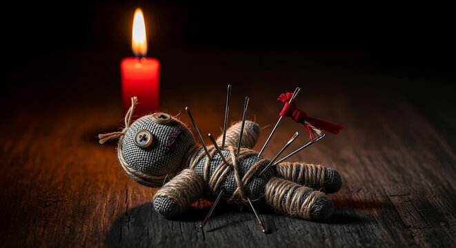 Voodoo doll with pins and flickering red candle, evoking dark magic and mysterious ritual concepts