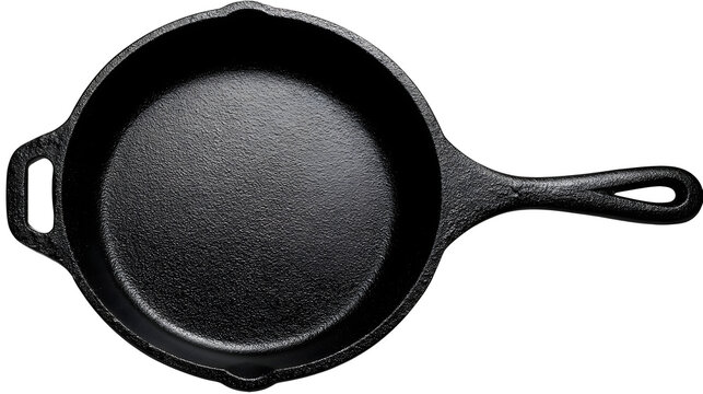 cookware cutout of black cast iron skillet, classic kitchen pan with seasoned surface and sturdy handle detail, sharp focus, clean edges high definition, isolated on white background
