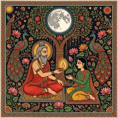 Fototapeta premium Indian Folk Art Painting of Guru Blessing Disciple Under Tree with Full Moon, Guru Purnima Traditional Illustration