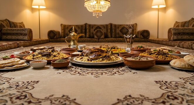 Grand Traditional Arab Majlis Room Prepared for a Large Festive Feast with Floor Seating