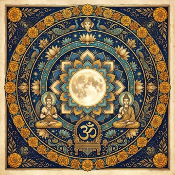 Golden Mandala with Om Symbol Buddha and Full Moon on Blue Background, Guru Purnima Sacred Art Design