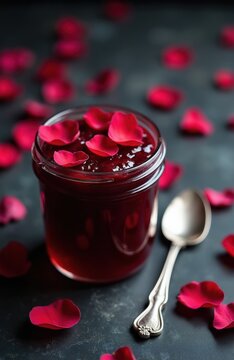 Glass jar filled with red rose petal jam. Silver spoon rests beside jar. Rose petals scatter on dark textured background. Sweet homemade dessert, natural and organic.