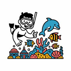 Fototapeta premium Snorkeler Exploring Colorful Coral Reef with Dolphin and Fish