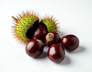 Obraz premium Chestnut burrs open revealing shiny brown seeds inside. These spiky green pods contain smooth nuts, perfect for autumn decor or natural crafts.