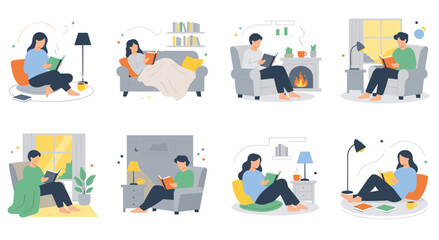 Fototapeta premium Vector art showing individuals reading books in cozy indoor settings, near fireplaces, by windows with natural light, and under artificial lamps. Focuses on peaceful reading experiences.