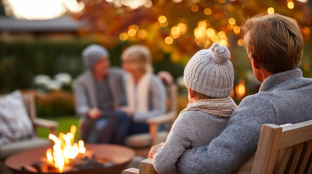 Rear view of a family seated on garden chairs around a fire pit in autumn, seasonal outdoor gathering, fall backyard evening concept, defocused background, with copy space