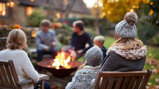 Rear view of a family seated on garden chairs around a fire pit in autumn, seasonal outdoor gathering, fall backyard evening concept, defocused background, with copy space