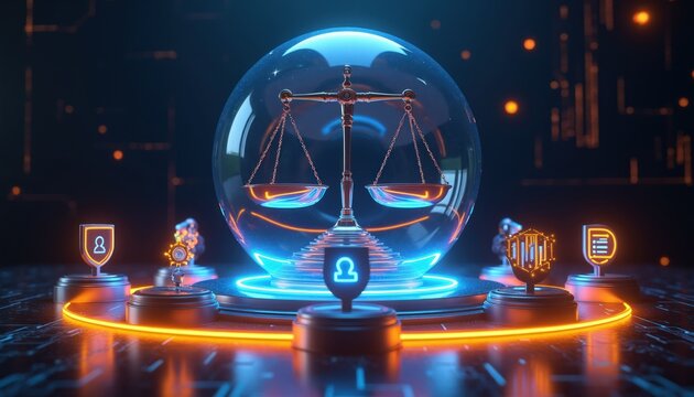 Digital scales inside glass sphere symbolize AI law and justice. Futuristic cyber court with legal icons and tech elements represents AI ethics and regulation.