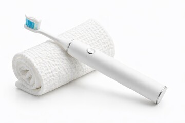 Obraz premium electric toothbrush with a ribbon of white toothpaste on the brush head resting diagonally across a neatly rolled white waffle towel oral care advertising concept horizontal composition