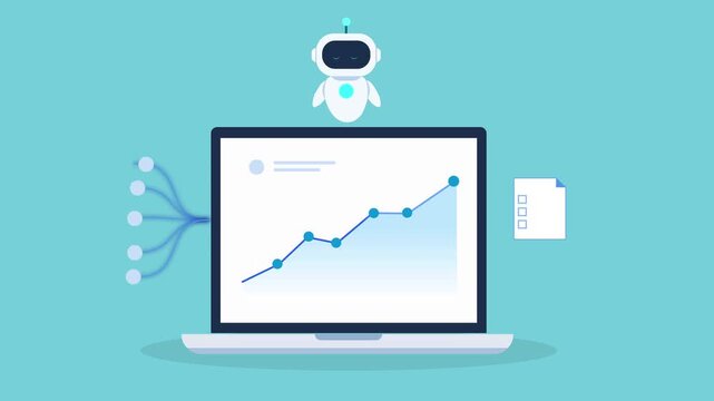 Clean animated video of an AI robot hovering above a laptop with a rising data chart and document file icon, representing data records processing, documentation systems, analytics, and workflow automa