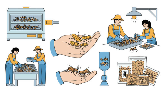 Various stages of insect farming and processing for sustainable food production including crickets and larvae in a clean facility.