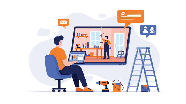 Man sitting in a home office watching a woodworking and carpentry tutorial on a large screen for a do-it-yourself renovation project.