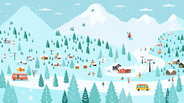 Winter ski resort illustration detailed vector landscape with snow