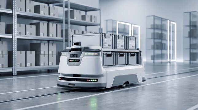 Autonomous mobile robot transporting storage bins through high tech automated warehouse aisle for inventory management solution.