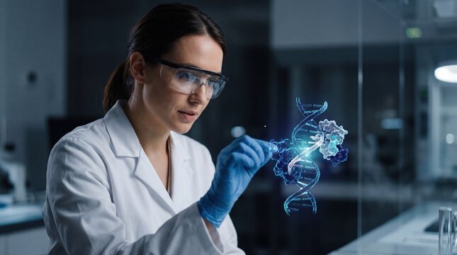 Female scientist analyzing holographic DNA structure and genetic data in modern laboratory, biotechnology research concept