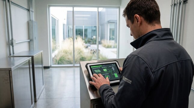 Engineer monitoring industrial energy management system on tablet device, checking battery status and power grid efficiency in clean technology facility control room.