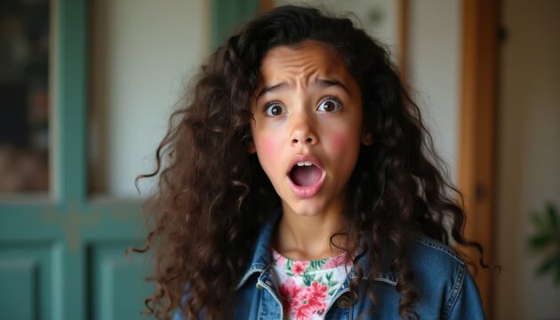 Young girl with curly hair looks surprised, mouth open in shock. Her eyebrows are raised and cheeks flushed pink. She wears a denim jacket and floral top.