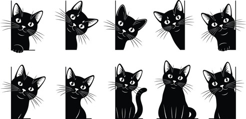 Cat silhouettes, peeking cats, playful felines, curious pets, whiskers, animal art, black illustration, cartoon style, pattern design, feline expressions © Fenshi