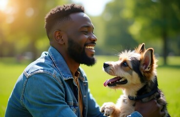 Fototapeta premium Smiling man in denim jacket holds small dog in green park. Sunny day creates happy mood and shows friendship between owner and pet. They enjoy time outdoors together.