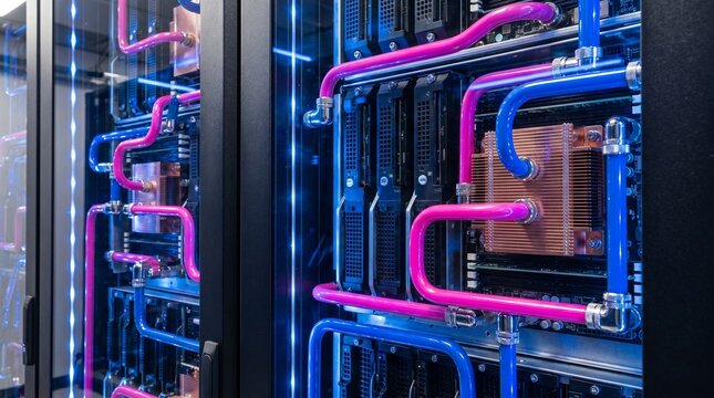 High-Density Server Rack with Liquid Cooling Pipes and Blue LED Lights