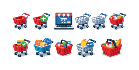 Fototapeta premium Collection of shopping carts and baskets representing online and in-store purchases