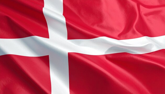Danish national flag, Dannebrog, red field with white Nordic cross, waving fabric folds, symbol of heritage and identity.