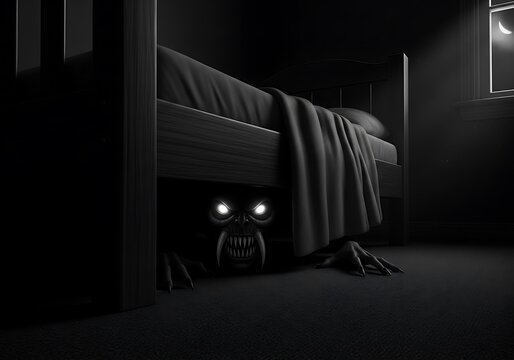 Sinister Monster Hiding Under Bed, Glowing Eyes, Creepy Horror Scene, Nighttime.