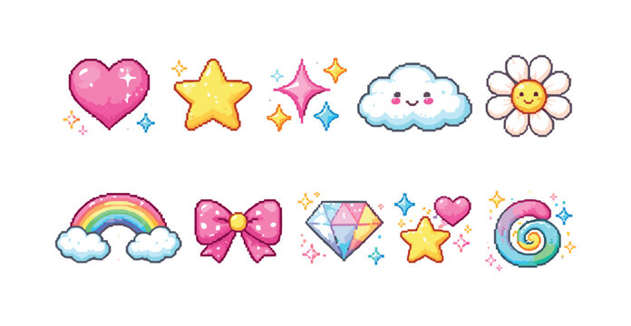 Cute pixel art icons featuring hearts, stars, clouds, rainbows, and flowers
