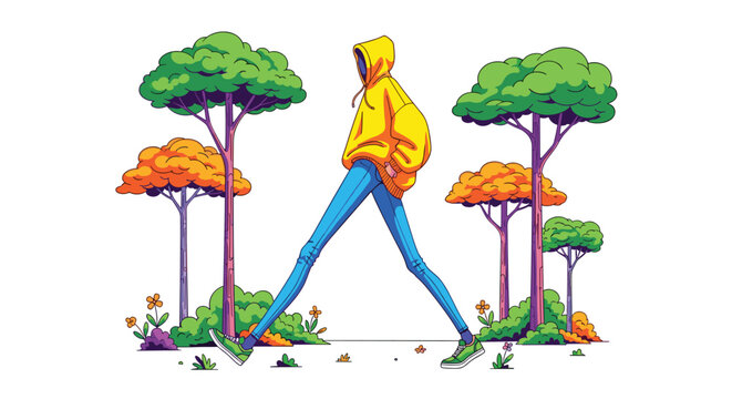 A stylized illustration depicts an elongated person in a yellow hoodie and blue pants taking a large stride through a minimalist forest with green and orange trees.