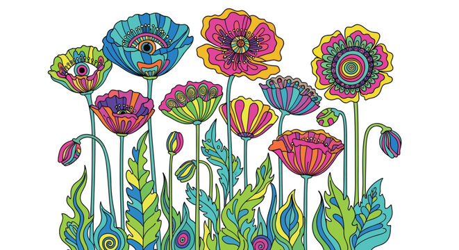 A vibrant, psychedelic 70s-style illustration displays a whimsical garden of colorful flowers and leafy plants with eye patterns, on a white backdrop.