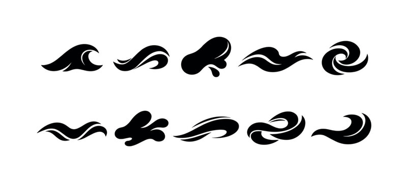 Collection of stylized black wave and water splash icons on a white background