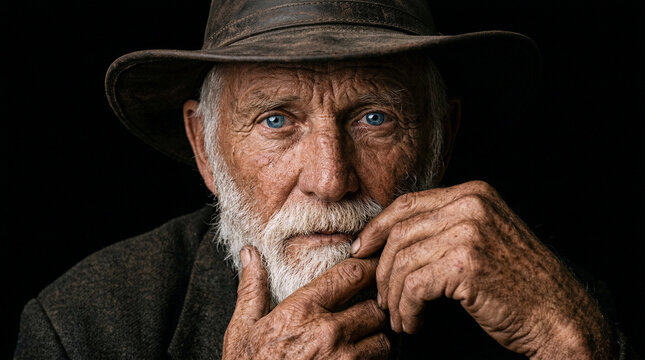 Intense Close Up Portrait of Elderly Man with Blue Eyes White Beard and Leather Hat
