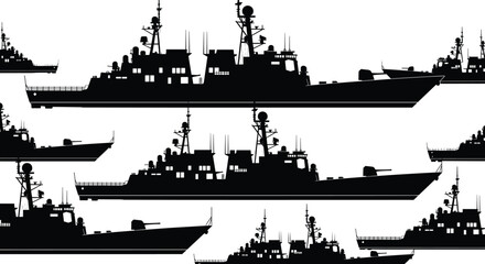 "Collection of black silhouettes depicting modern naval warships including destroyers and frigates with radar systems, antennas, and turrets, ideal for military or maritime projects" © Fenshi