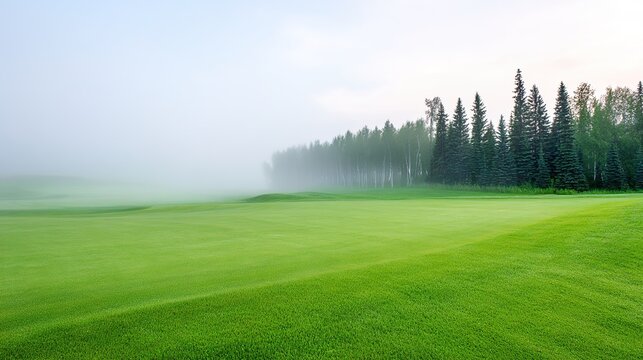 fairway. Golf course with perfectly cut fairway under misty morning skies, surrounded by tall pine trees. event key visuals, club posters, designed for fitness apps and gym onboarding.
