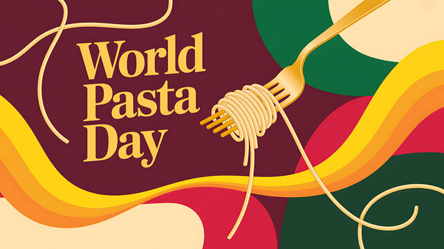 World pasta day concept with a golden fork twirling spaghetti against colorful abstract background.