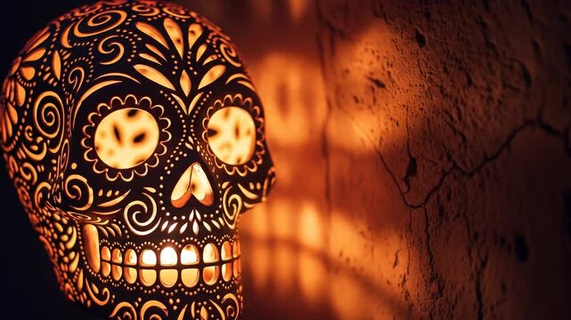 Ornate, glowing ceramic skull with intricate carvings casts shadows on a textured wall