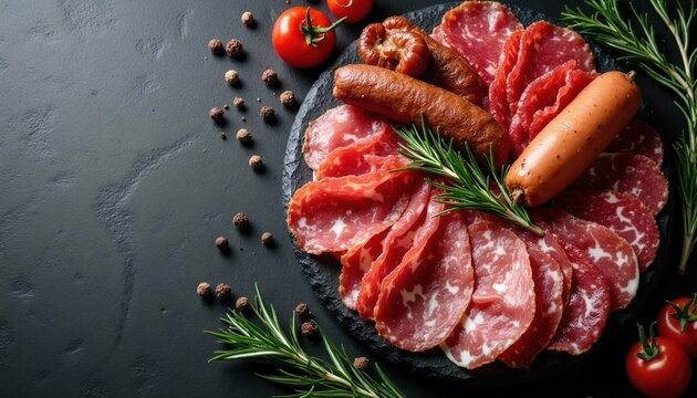 Assortment of cured meats like salami and sausage arranged with rosemary and tomatoes. Delicious charcuterie board offers variety for appetizers or meals, perfect for food blogs and menus.