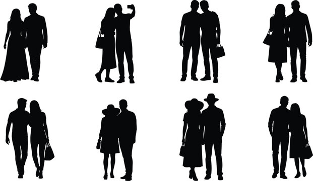Couple silhouette illustration collection, walking together, holding hands, casual and formal outfits, selfie pose, romantic interaction, fashion design, creative artwork reference