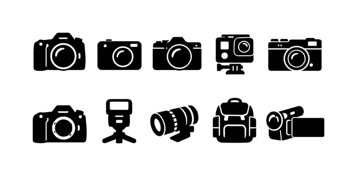 Collection of black camera icons and photography equipment on a white background