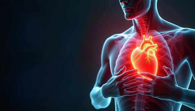 Person holds chest with glowing heart. Illustrates heart attack pain discomfort severe ache. Shows internal organ circulatory system problem risk. Cardiology diagnostics and treatment concept.
